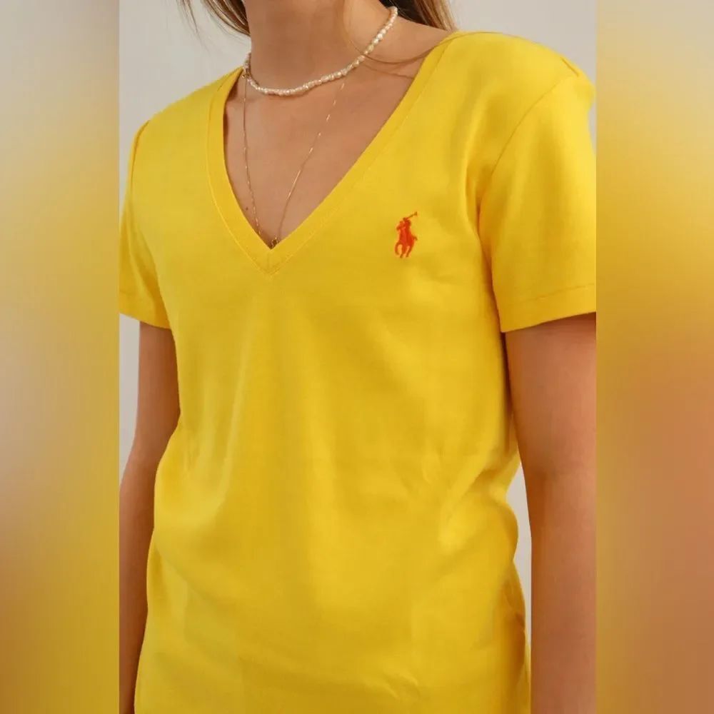 Ralph Lauren Sport Yellow V-Neck Tee with Navy Trim Label